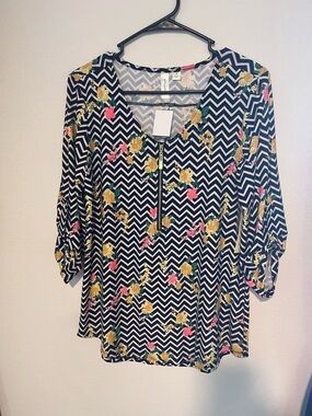 Tacera Black Chevron Floral Zip-Front Blouse